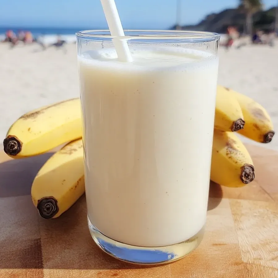 Glass filled with creamy Korean banana milk sitting on a table.