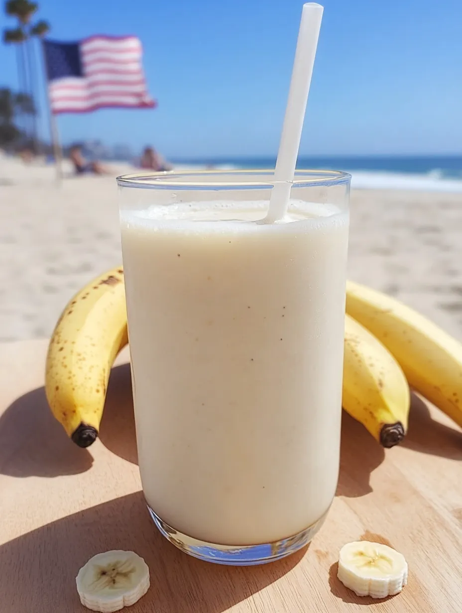 A glass of Korean banana milk on a table.
