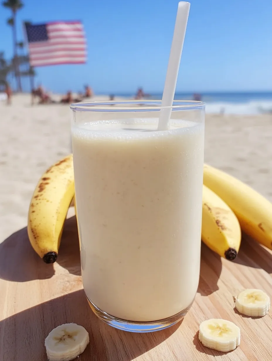 A glass of Korean banana milk on a table.