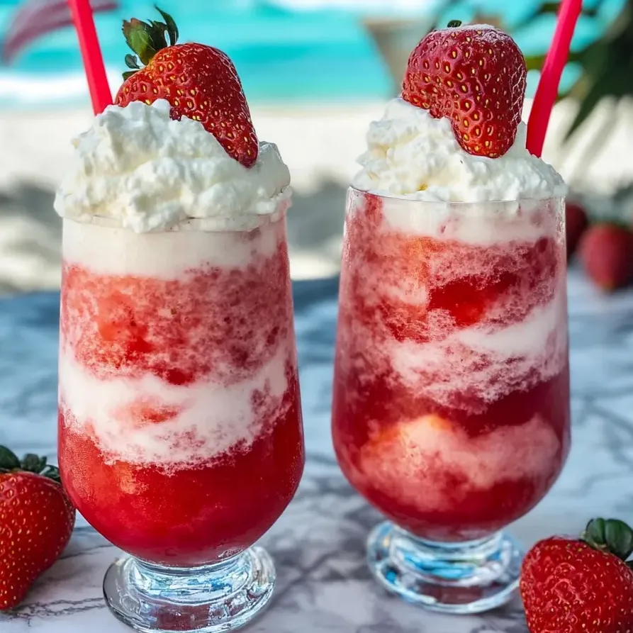 Two glasses filled with creamy strawberry frozen daiquiris.