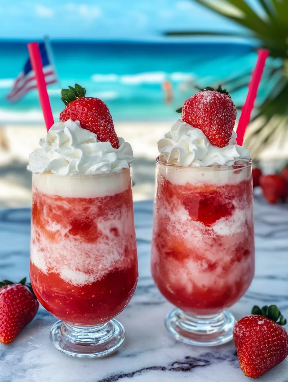 Two glasses filled with frozen strawberries and cream daiquiris.