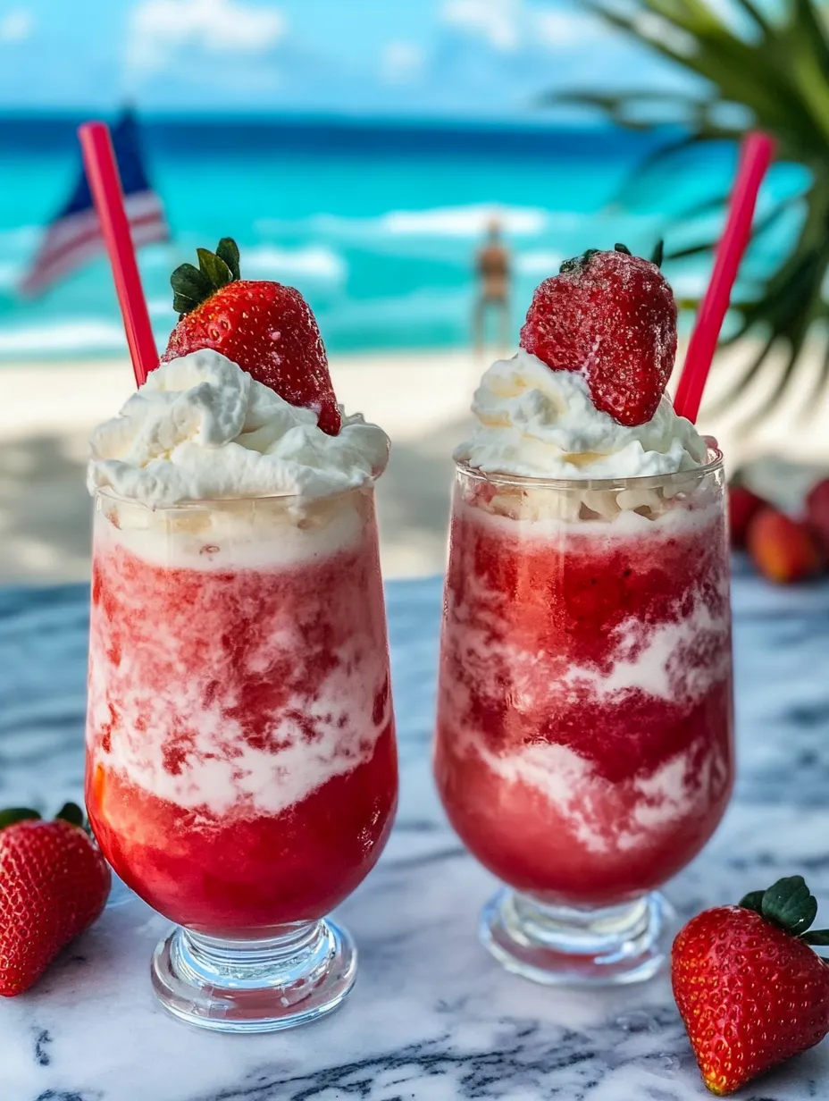 Two glasses filled with frozen strawberries and cream daiquiris.