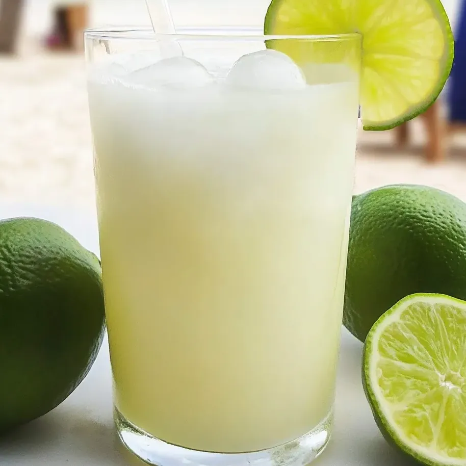 Chilled glass of Brazilian lemonade bright with lime wedges.