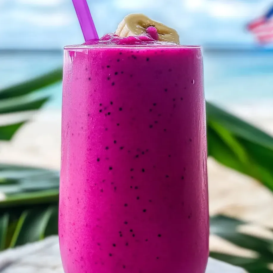 Pink drink in a glass with a purple straw.