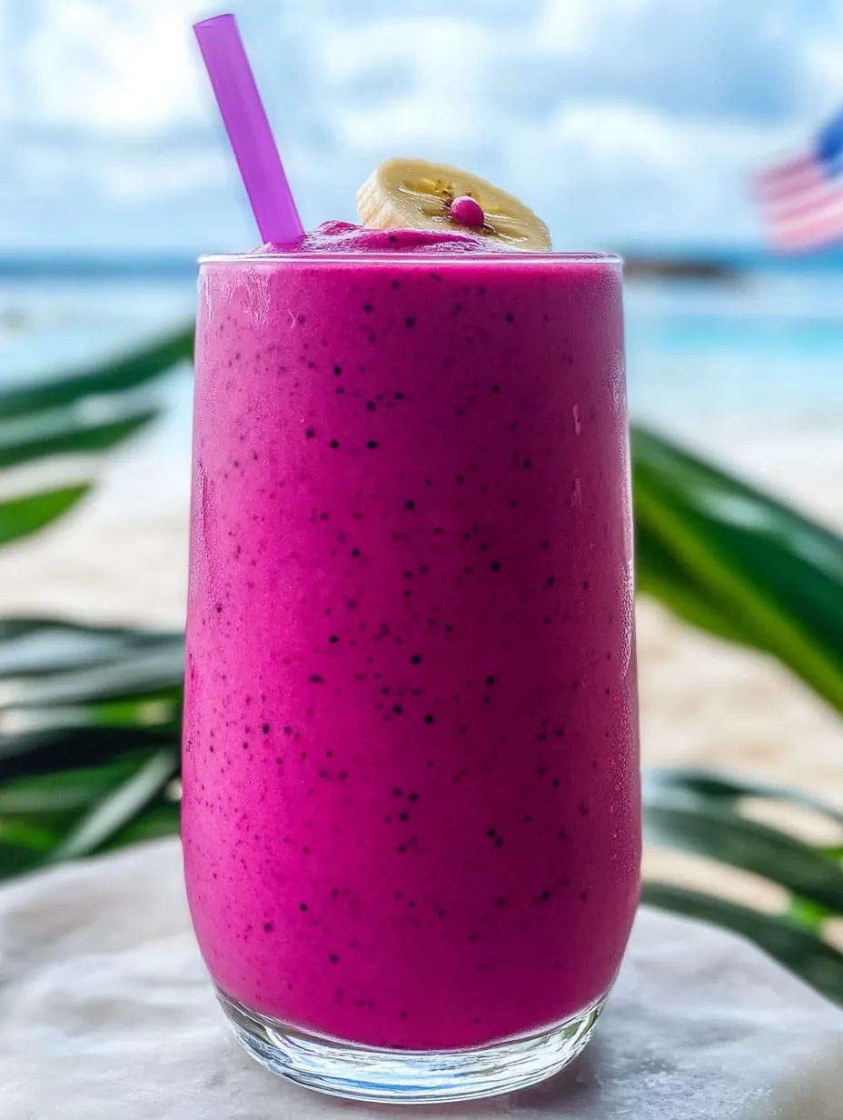 A pink smoothie with a banana and vanilla flavor.