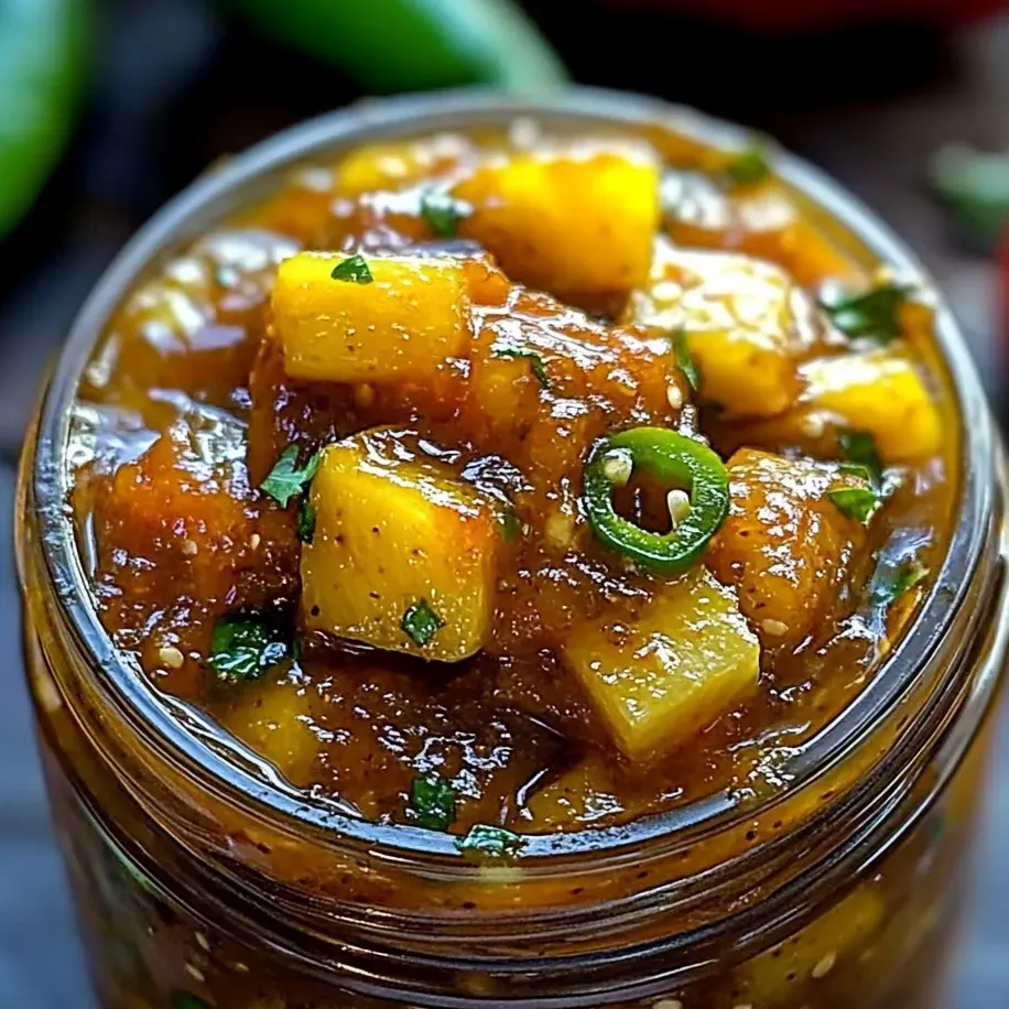 Jar full of golden pineapple chutney with bits of jalapeño.