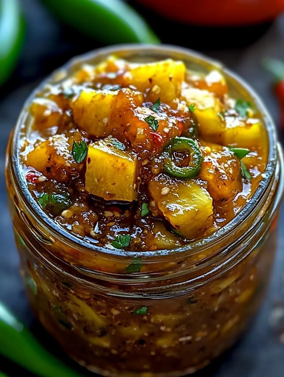 A jar filled with spicy pineapple jalapeño chutney.