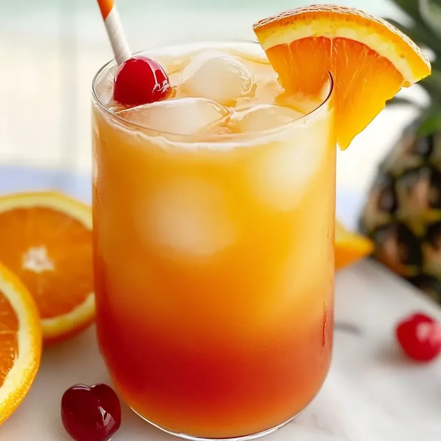 A glass filled with vivid orange mocktail and a layer of grenadine.