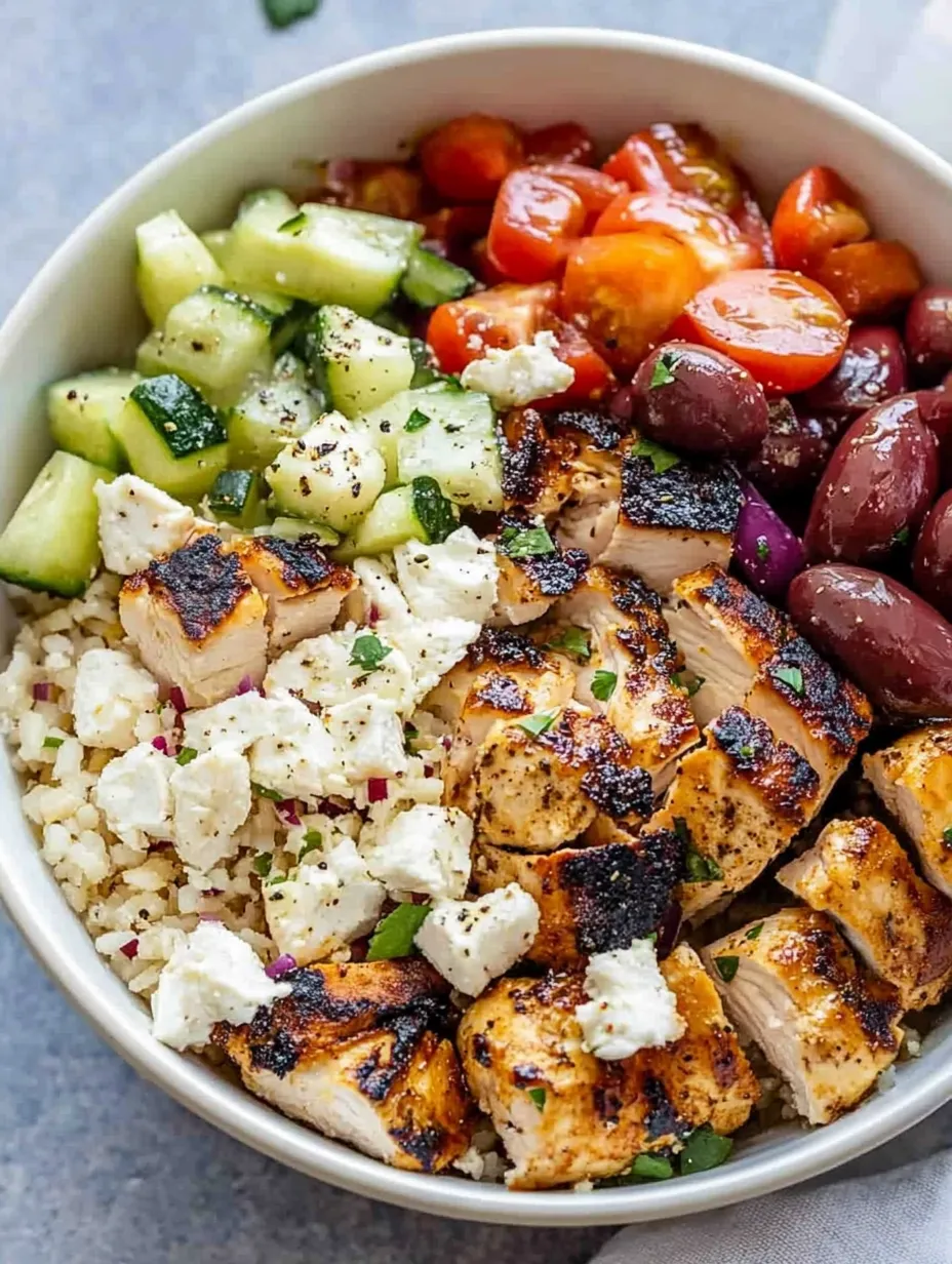 Colorful Greek chicken quinoa bowl loaded with veggies and toppings.