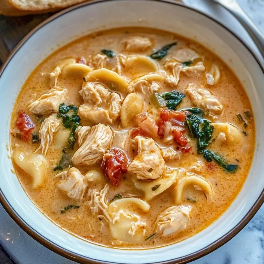 A bowl packed with creamy Tuscan chicken soup.