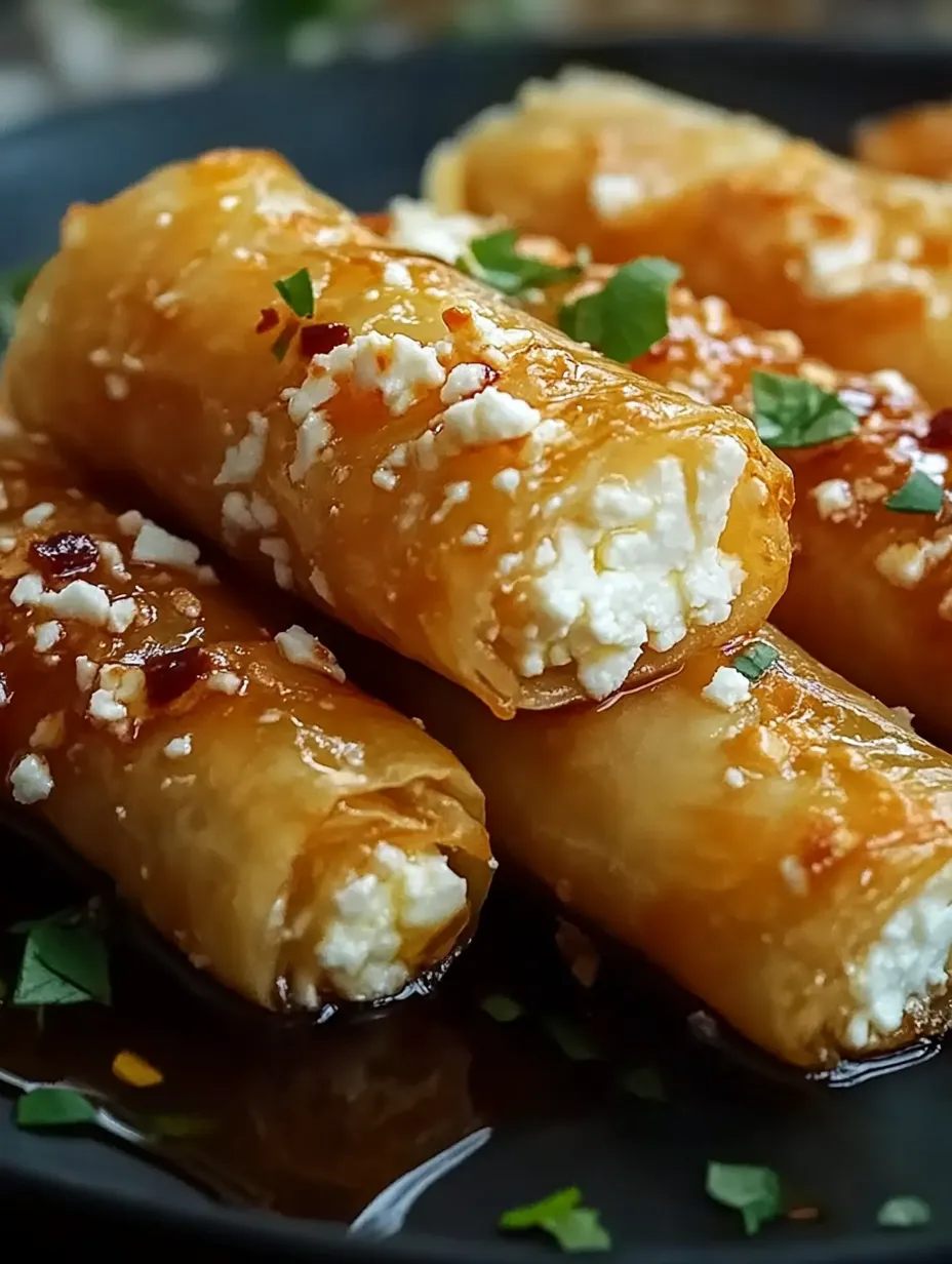A plate holding feta rolls topped with chili honey.
