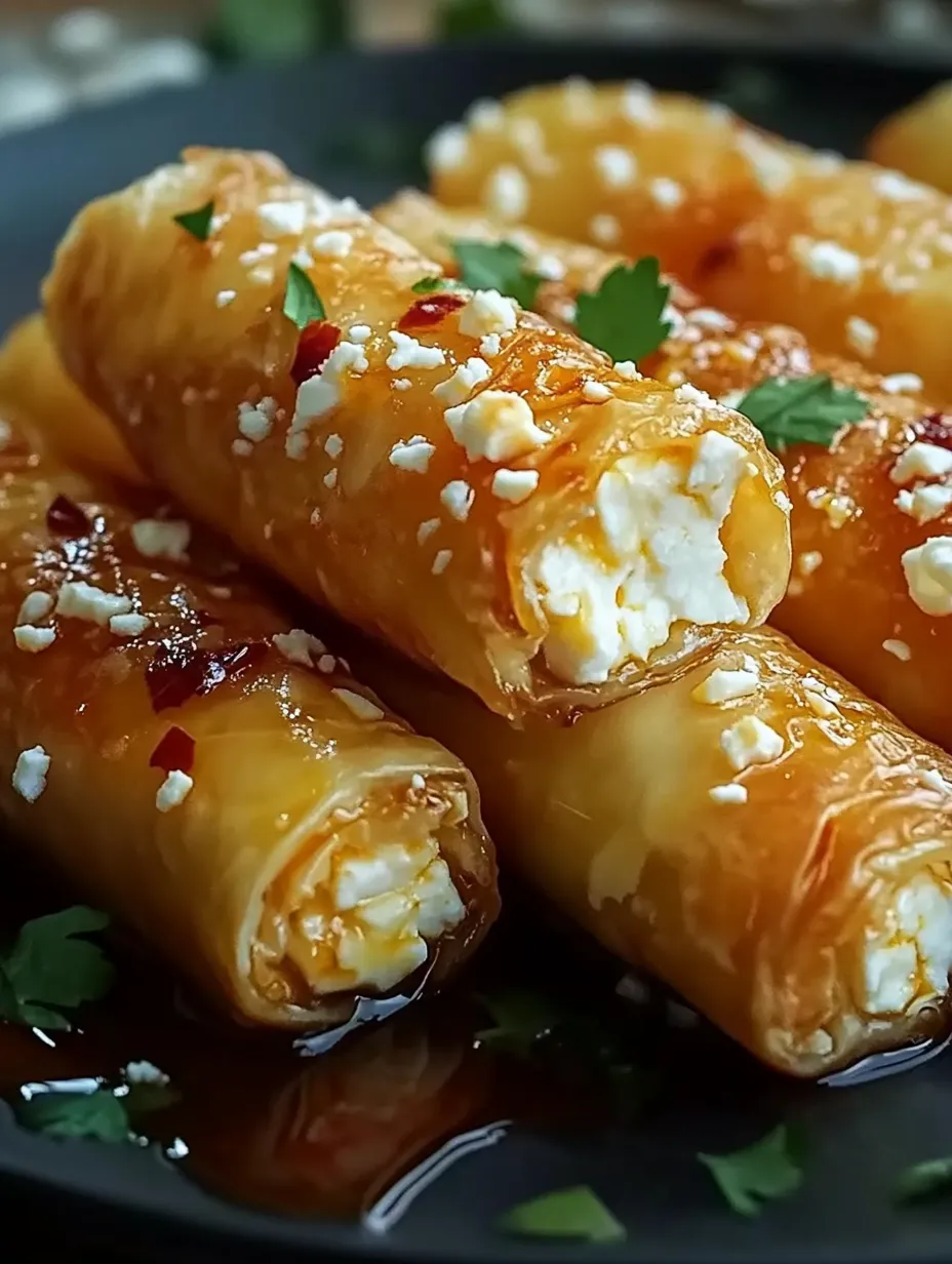 A plate holding feta rolls topped with chili honey.