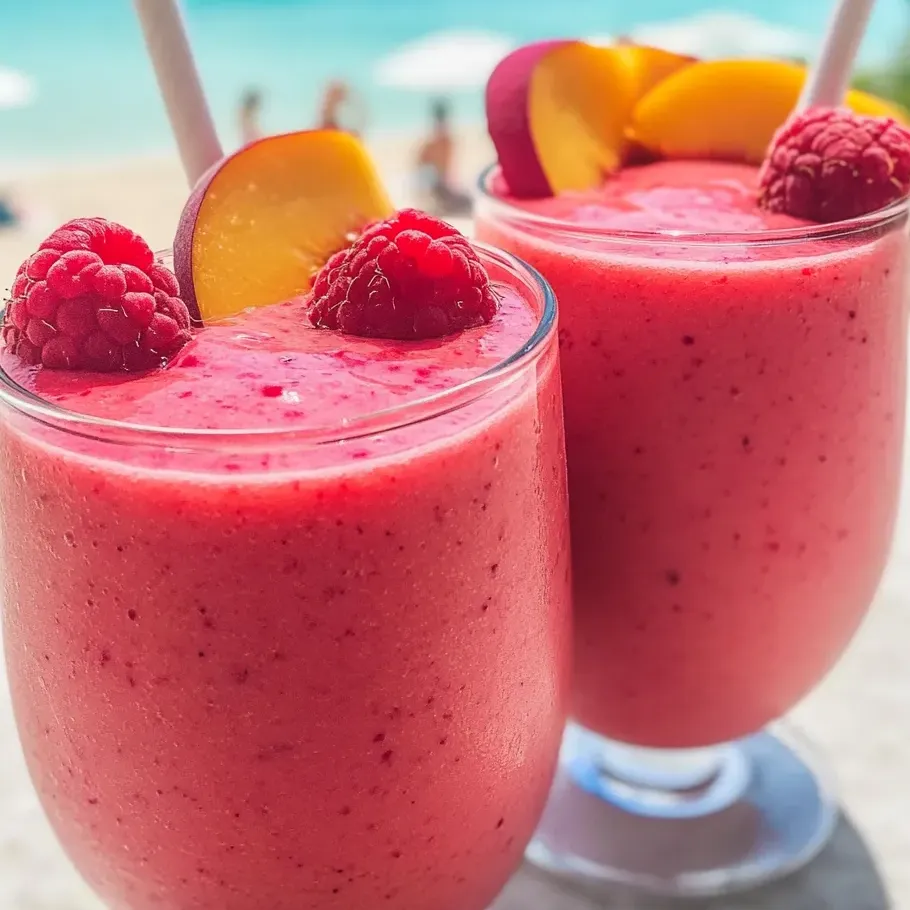 Raspberry peach smoothies served in two glasses with fresh fruit.