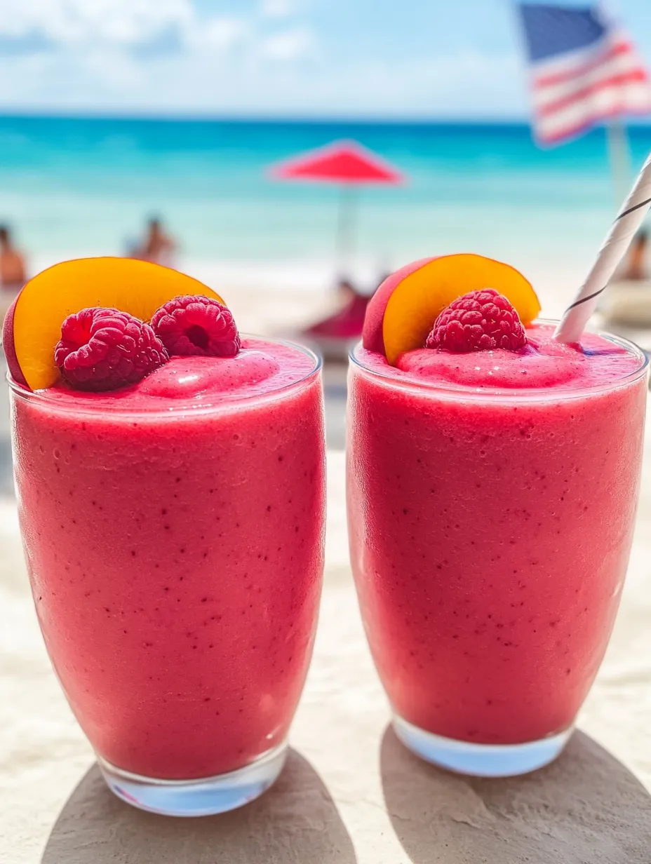 Two glasses of raspberry peach smoothie joy.