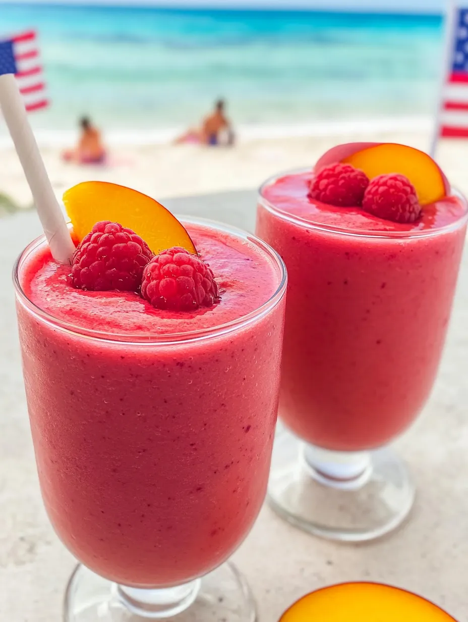 Two glasses of raspberry peach smoothie joy.