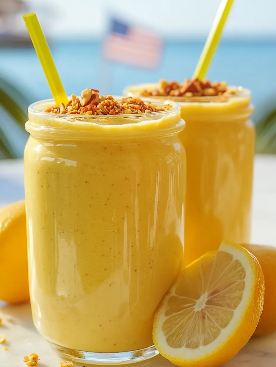 Two glasses filled with a bright yellow lemony smoothie.