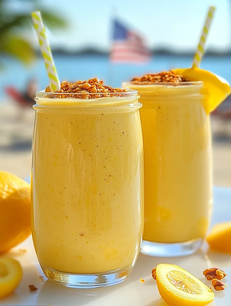 Two glasses filled with a bright yellow lemony smoothie.