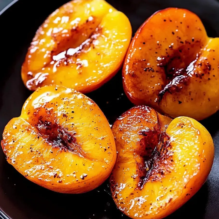 Caramelized peaches sitting on a black plate, super glossy.