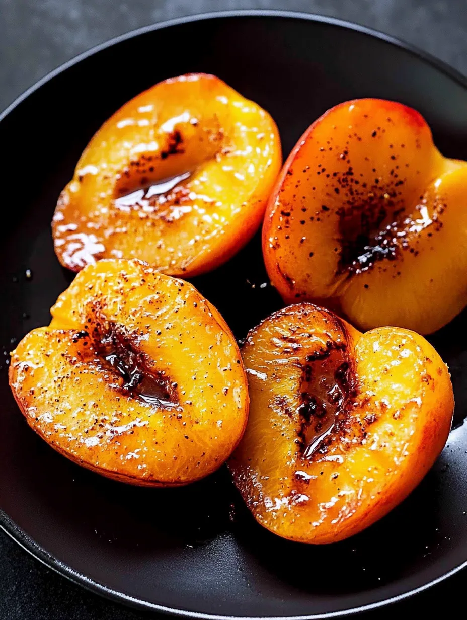 A plate of pan fried caramelized peaches.