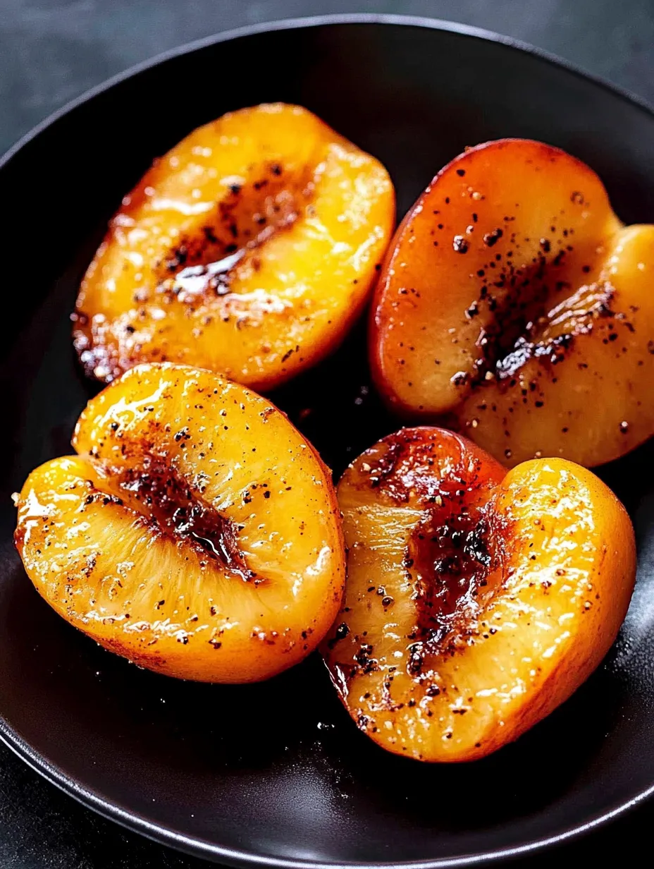 Pan fried caramelized peaches on a black plate.