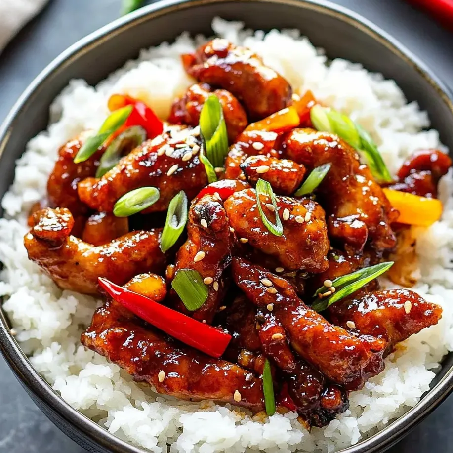 Dragon Chicken in a bowl with rice.
