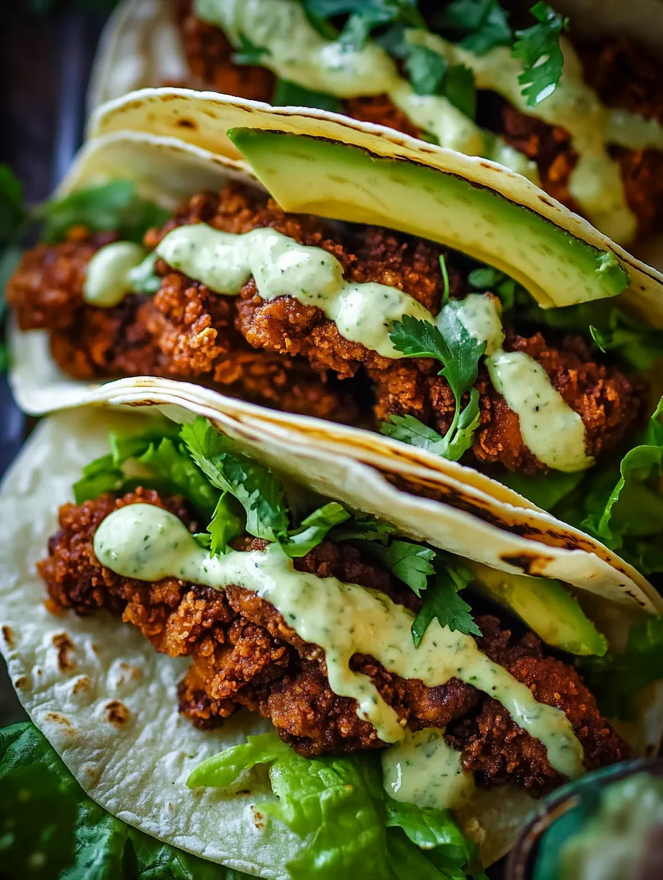 Crunchy chicken tacos with creamy ranch and avocado.