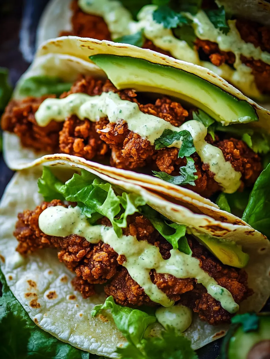 Two crunchy chicken tacos topped with ranch and avocado.