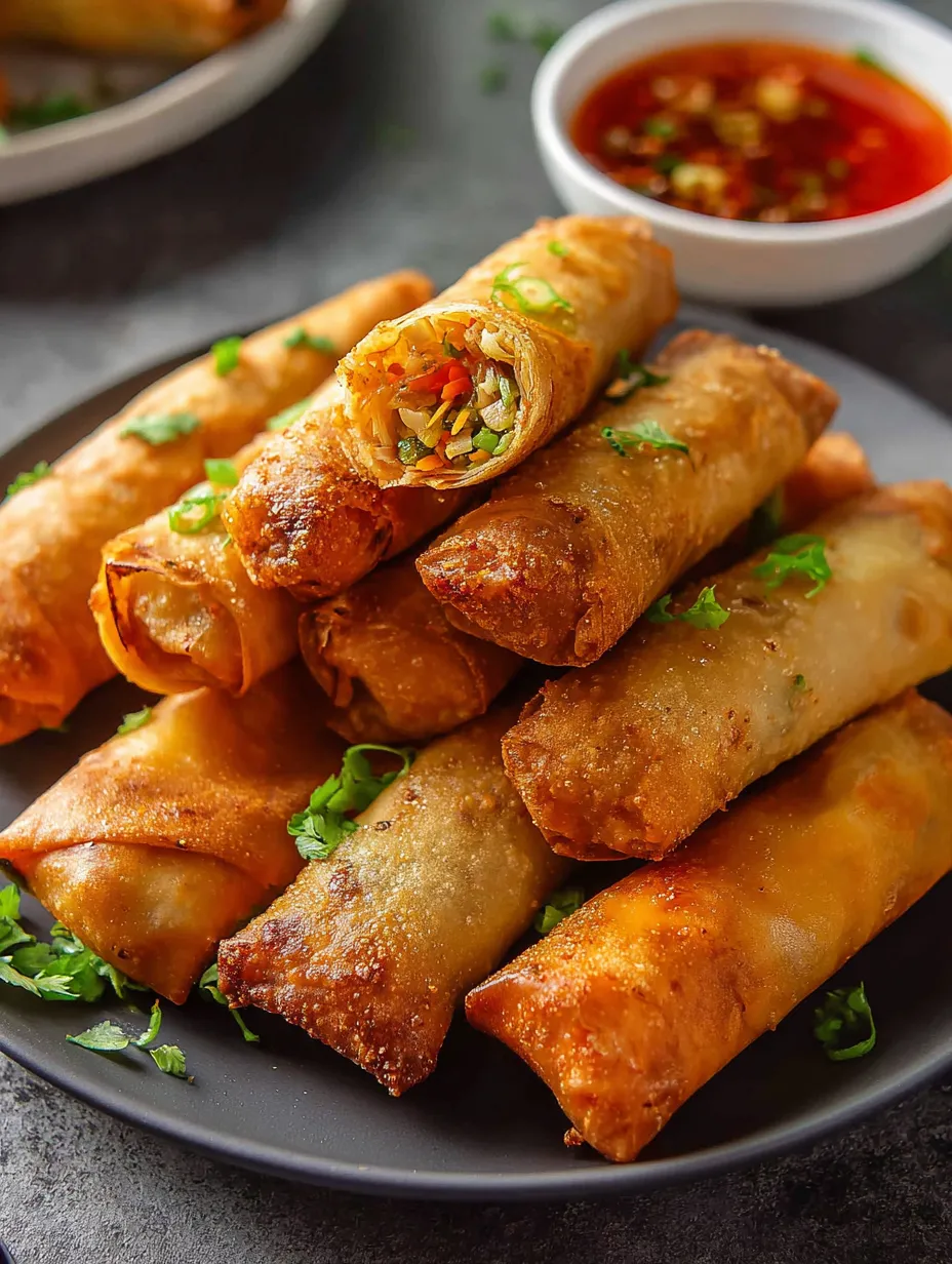 A plate packed with crispy vegetable lumpia.
