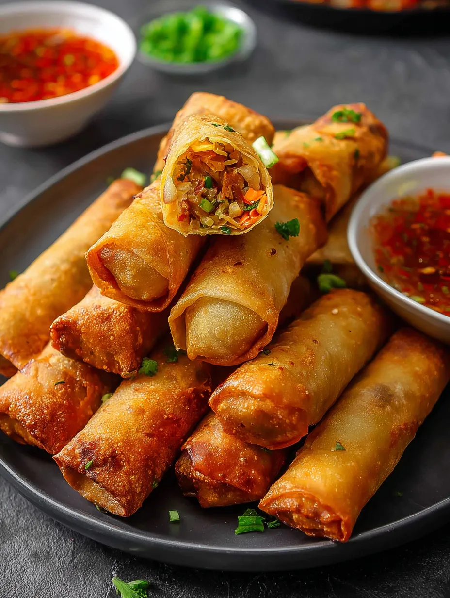 A plate packed with crispy vegetable lumpia.
