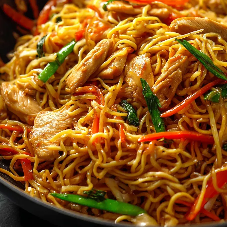 A bowl of noodles with chicken and vegetables.