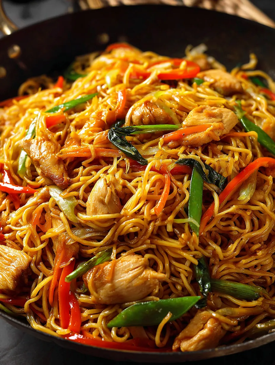 A bowl filled with noodles, chicken, and crunchy veggies.