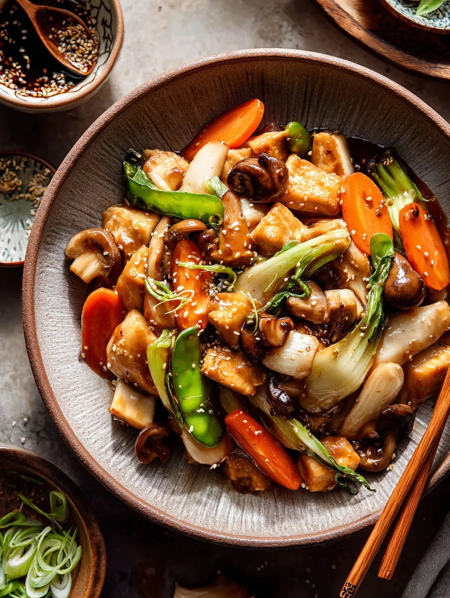A serving bowl of stir fry packed with mushrooms, carrots, and green broccoli.