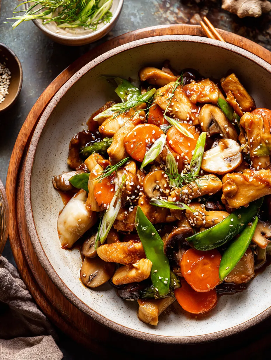 A bowl full of stir-fry that’s got mushrooms, peppers, and carrots.