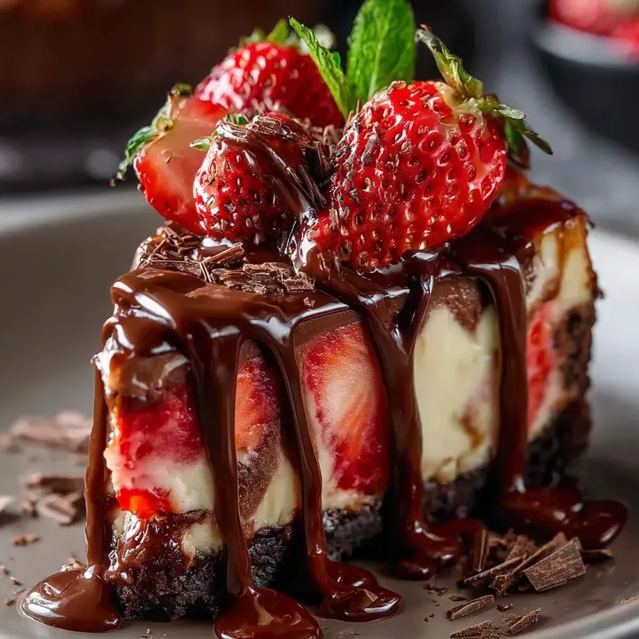 Creamy cheesecake slice topped with strawberries and chocolate sauce.