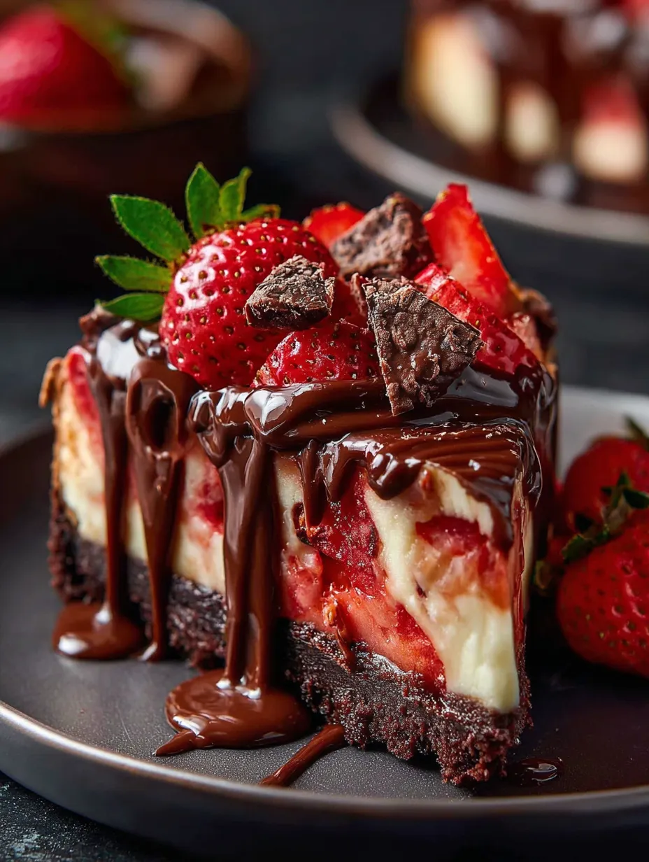 A slice of chocolate cake with strawberries on top.