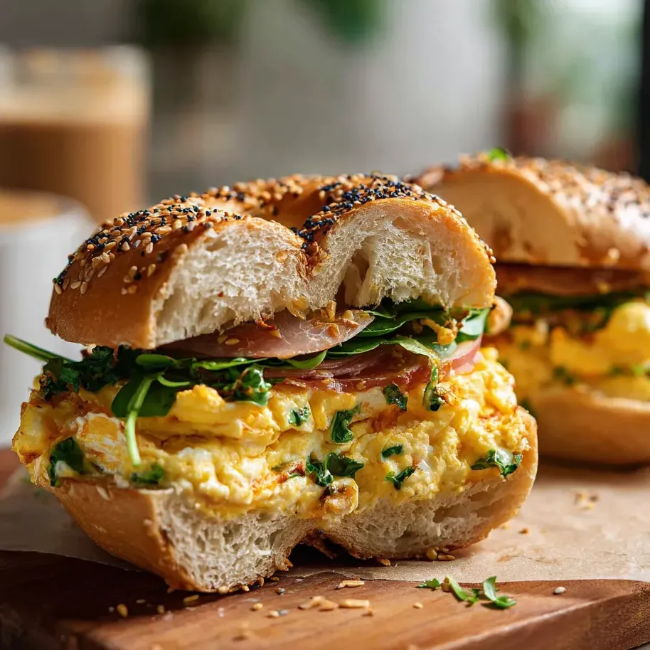 Egg and bacon sandwich sitting on a wood board.