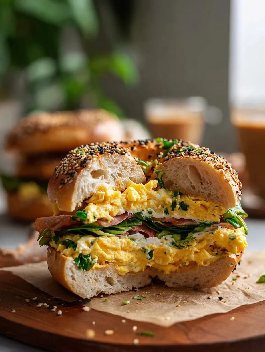 A bagel sandwich with eggs and spinach.