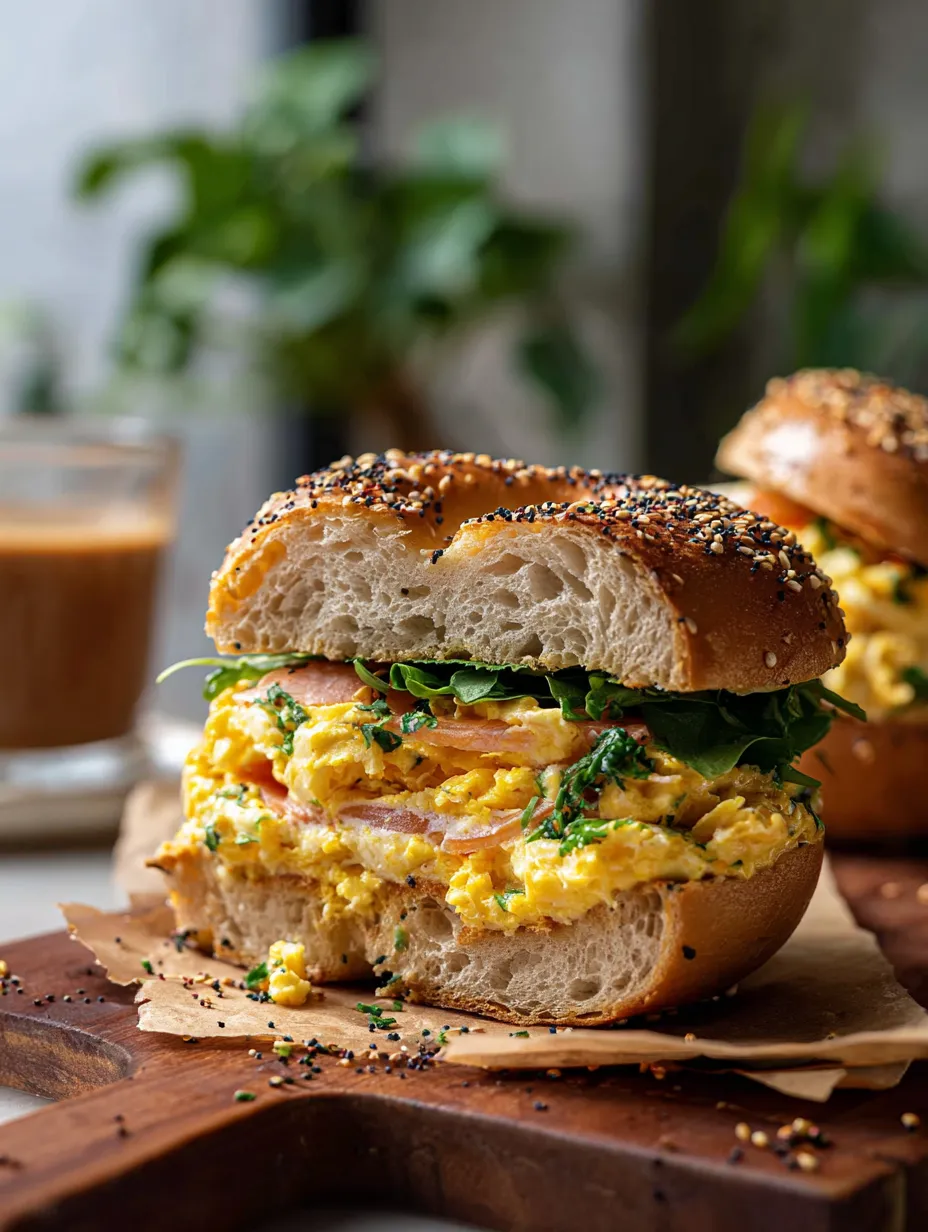 A bagel with eggs and tomato on top.