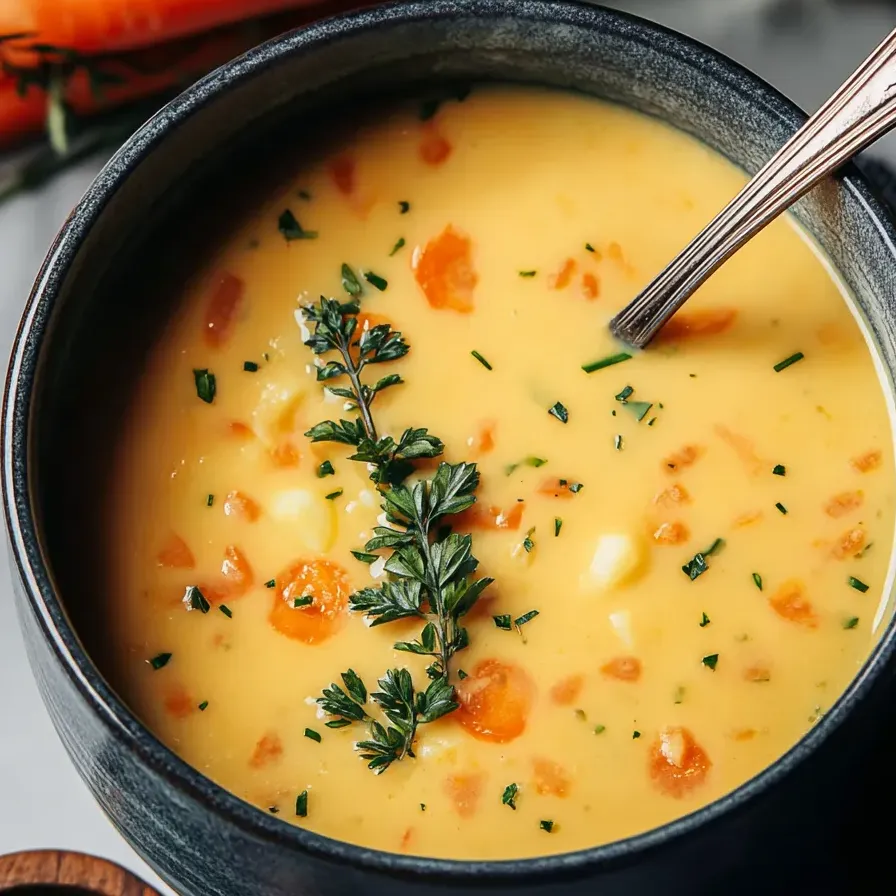 A bowl of soup with a sprig of thyme on top.