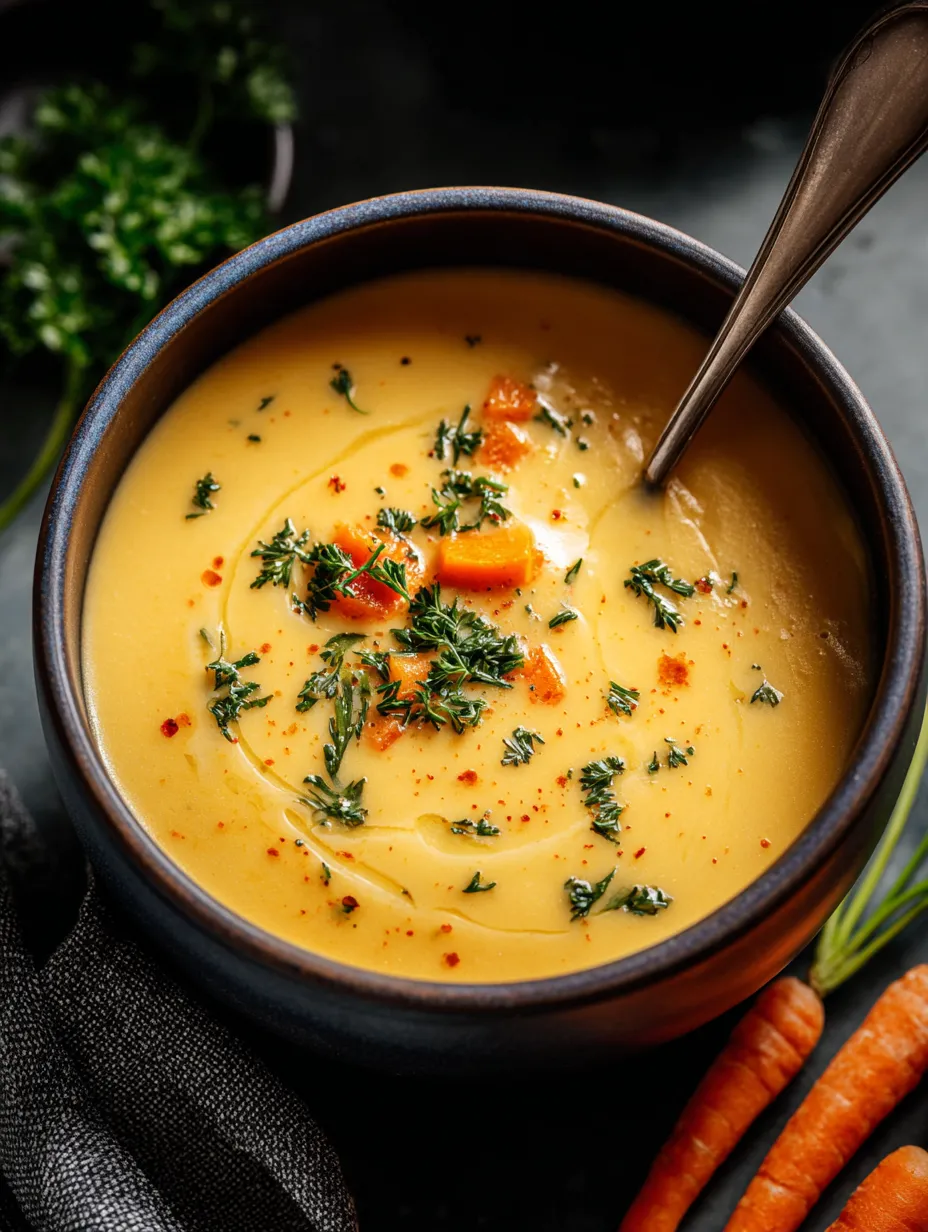 A bowl of soup filled with carrots and a bit of parsley.