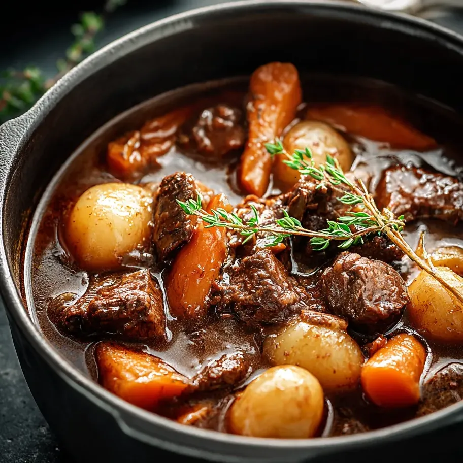 A pot bubbling with beef and veggies.