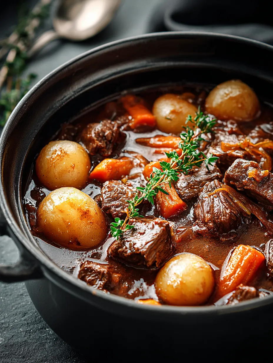 A bowl full of tender beef and chunky vegetables.