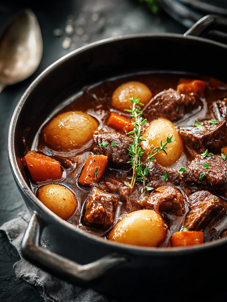 A bowl full of tender beef and chunky vegetables.