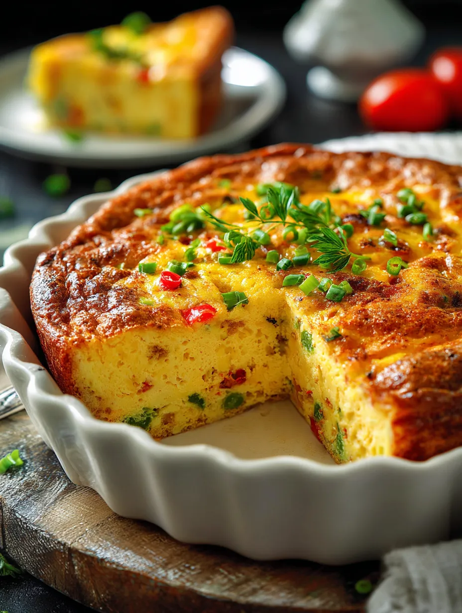 A slice of quiche with green onions on top.