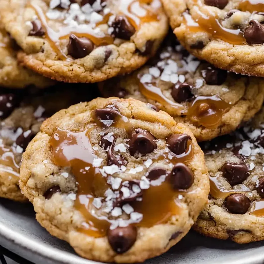 A plate stacked with cookies and a drizzle of caramel on top.