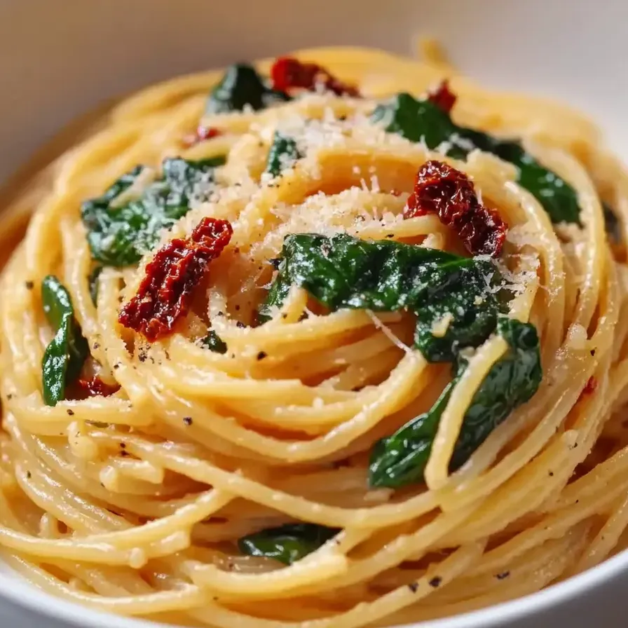 A bowl with cheesy spinach pasta.