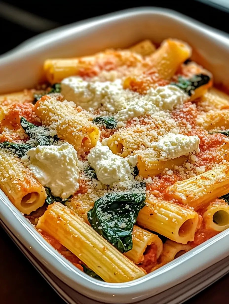 Pasta in a bowl topped with white cheese and fresh spinach.