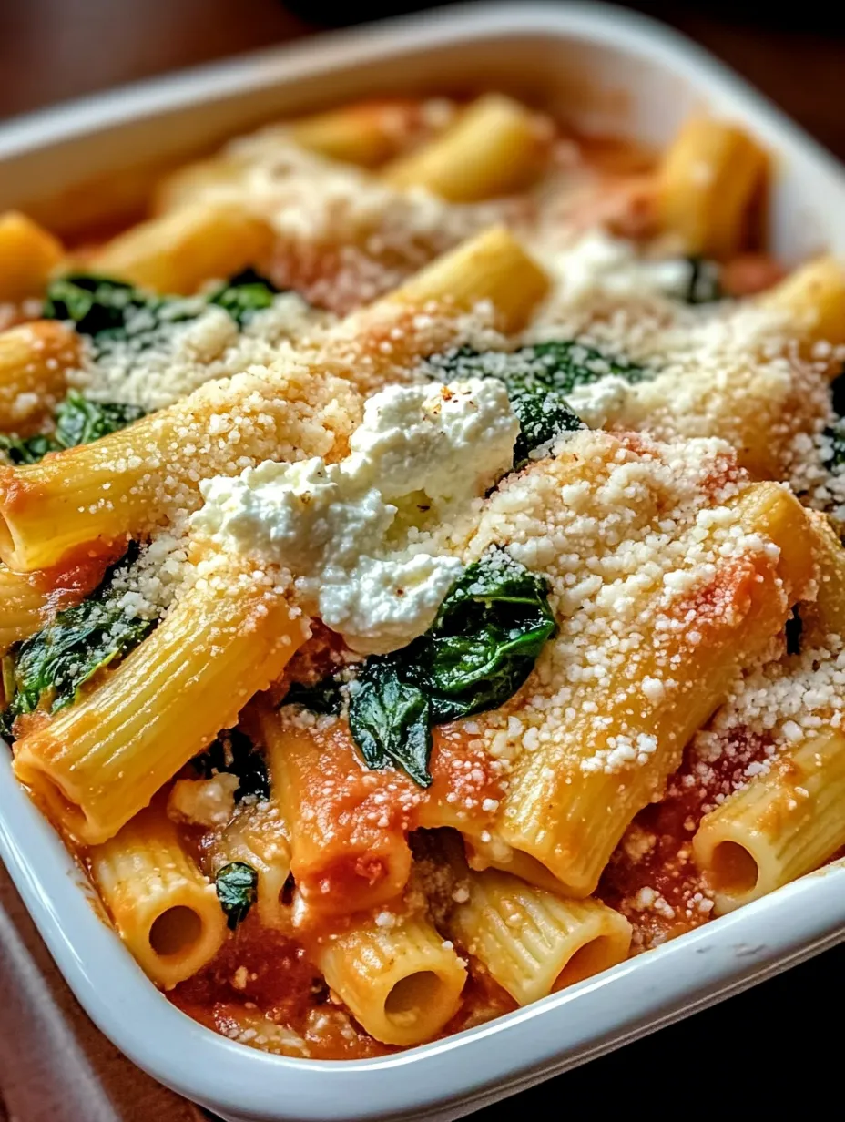 Pasta in a bowl topped with white cheese and fresh spinach.