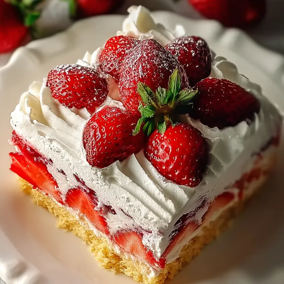 A plate holds a piece of strawberry shortcake with cream and berries.