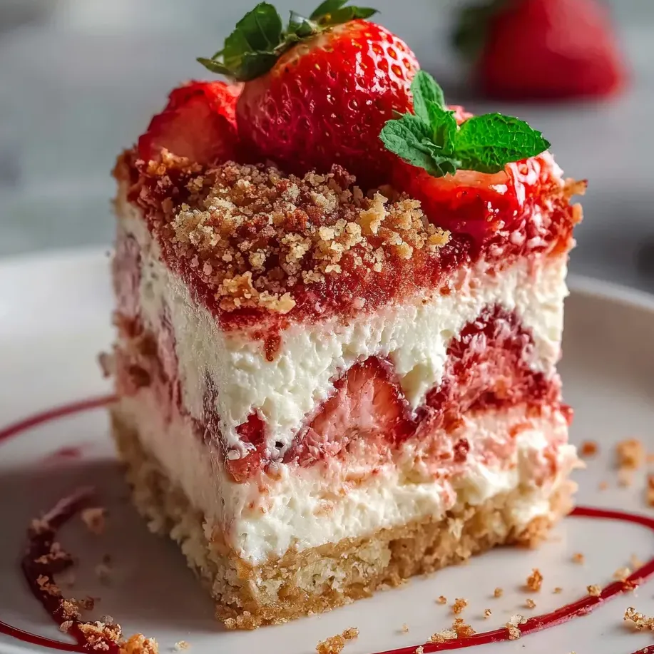 A slice topped with strawberries sits on a plate.